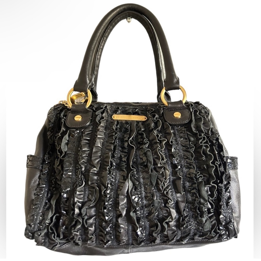 Vintage Betsey Johnson Black Leather Ruffle HandBag